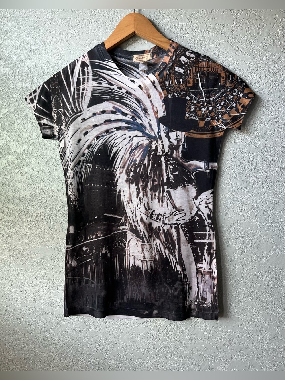 Cheleme Y2K Graphic Rhinestone Baby Tee Shirt Black Brown Size Small